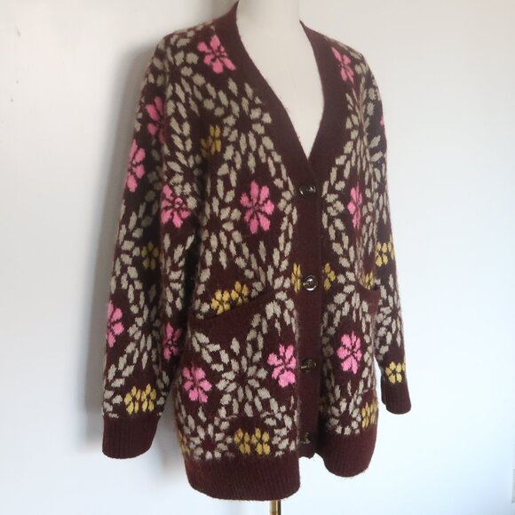 ZARA Oversized Chunky Floral Knit Cardigan Sweater Brown Pink Yellow Size M - Picture 10 of 16